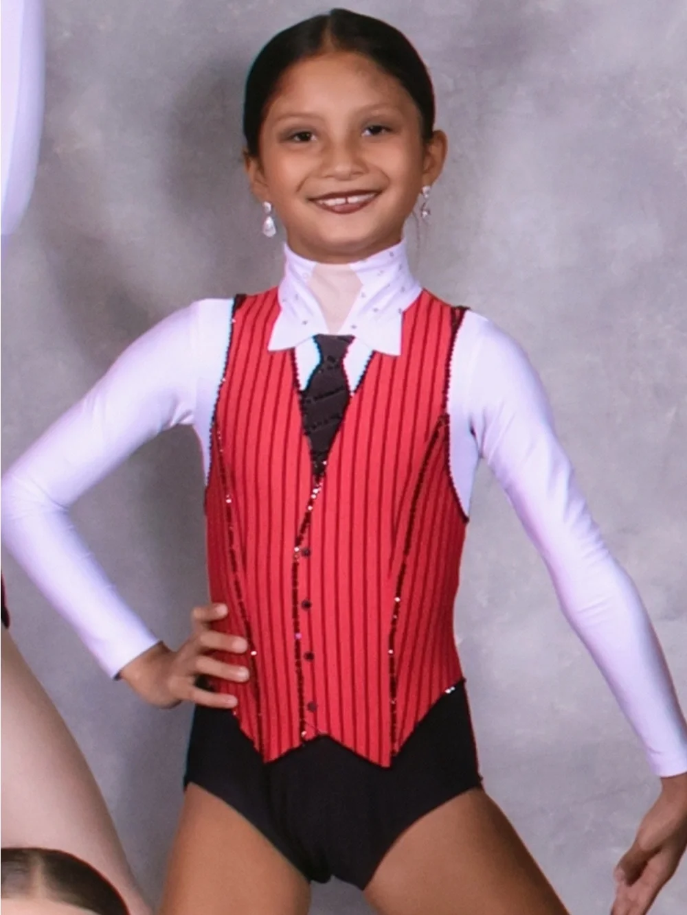 Girls Red Pinstripe Dance Costume with Black Tie Accent